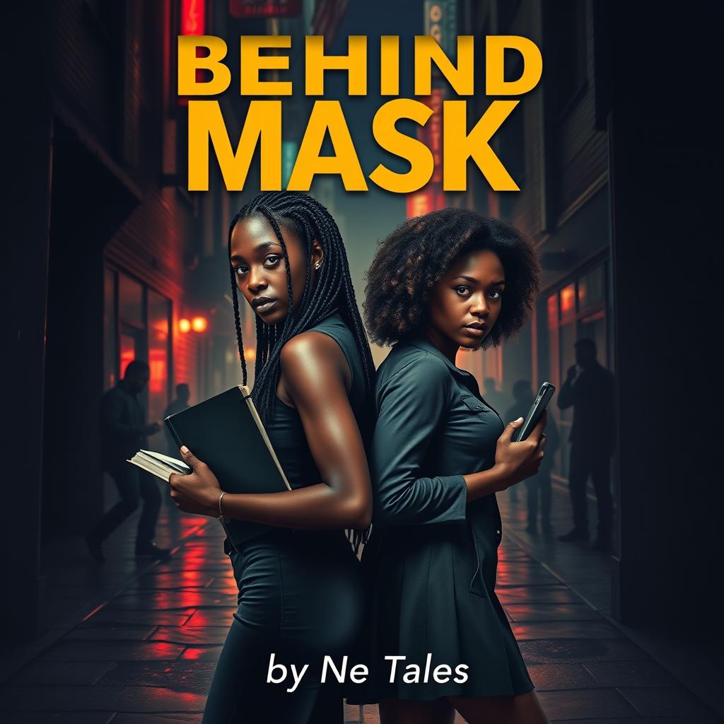 A suspenseful book cover featuring two young African women, Nia and Kiara, standing back-to-back in a dimly lit alley