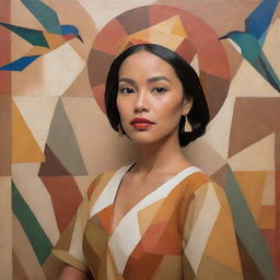 A Cubist interpretation of a Filipina woman in traditional attire, fragmented and viewed from multiple angles in earthy tones. The backdrop blends geometric elements symbolizing the Philippine archipelago, a jeepney, and a Sunbird.