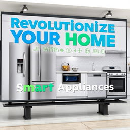 A striking billboard design promoting smart appliances, featuring a sleek modern kitchen in the background with various high-tech devices like smart refrigerators, ovens, and dishwashers