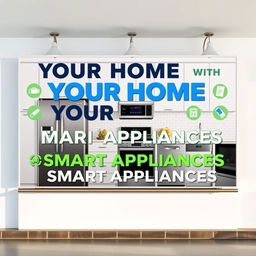 A striking billboard design promoting smart appliances, featuring a sleek modern kitchen in the background with various high-tech devices like smart refrigerators, ovens, and dishwashers