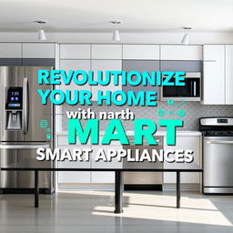 A striking billboard design promoting smart appliances, featuring a sleek modern kitchen in the background with various high-tech devices like smart refrigerators, ovens, and dishwashers