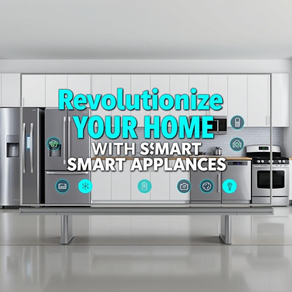 A striking billboard design promoting smart appliances, featuring a sleek modern kitchen in the background with various high-tech devices like smart refrigerators, ovens, and dishwashers