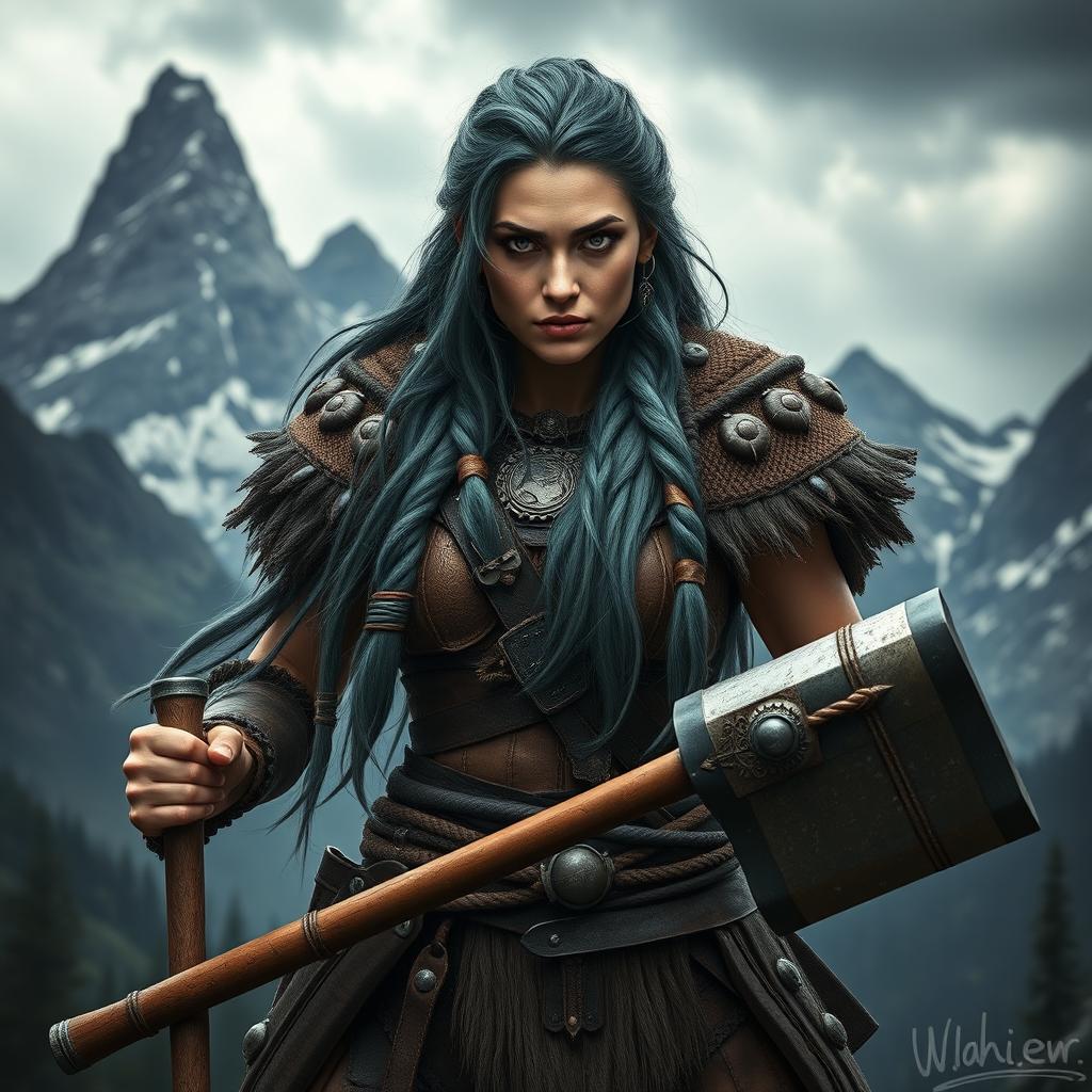 A fierce barbarian woman exuding strength and resilience, with striking northern features