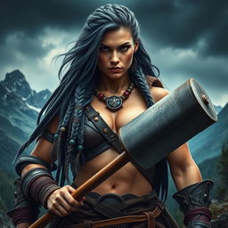 A fierce barbarian woman exuding strength and resilience, with striking northern features