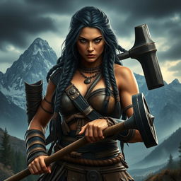 A fierce barbarian woman exuding strength and resilience, with striking northern features