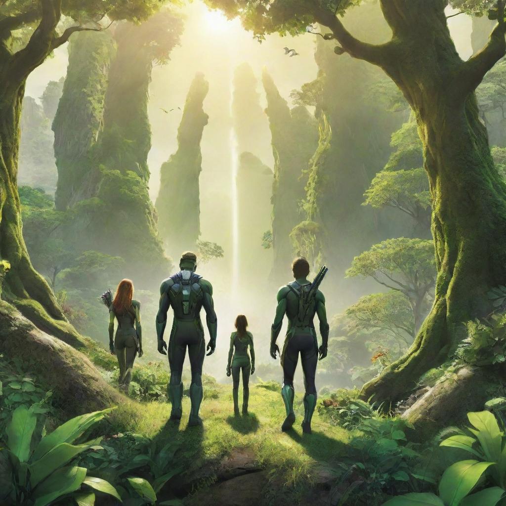 A high-definition, vivid environmental poster displaying a brighter, more lively, intensely green environment. The modern-styled guardians are seen from behind, smaller in comparison to the expansive, vibrant nature emphasized by radiant sunlight and abundant flora and fauna.