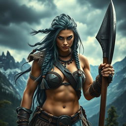 A fierce barbarian woman exuding strength and resilience, with striking northern features