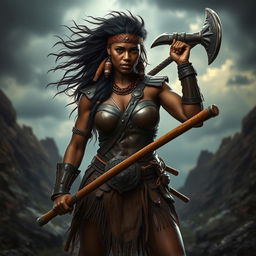 A powerful barbarian woman with dark skin exuding strength and determination