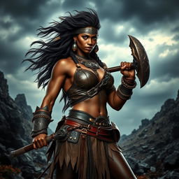 A powerful barbarian woman with dark skin exuding strength and determination