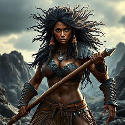 A powerful barbarian woman with dark skin exuding strength and determination