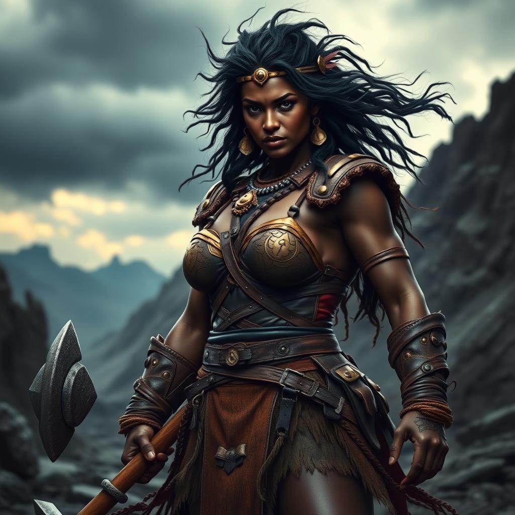 A powerful barbarian woman with dark skin exuding strength and determination