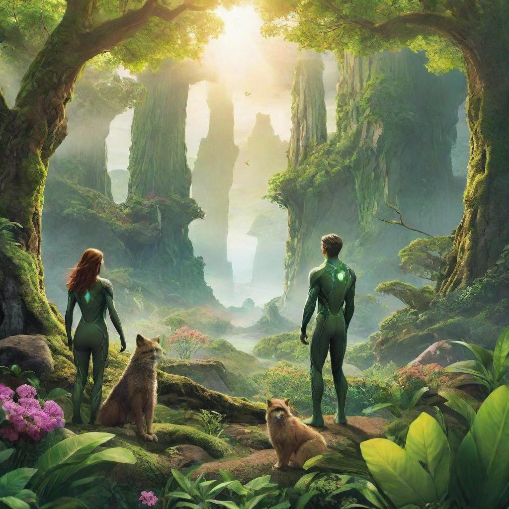 A high-definition, vivid environmental poster displaying a brighter, more lively, intensely green environment. The modern-styled guardians are seen from behind, smaller in comparison to the expansive, vibrant nature emphasized by radiant sunlight and abundant flora and fauna.