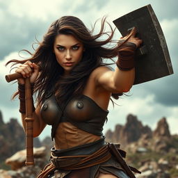 A strong barbarian woman with deep brown hair flowing freely, exuding power and determination