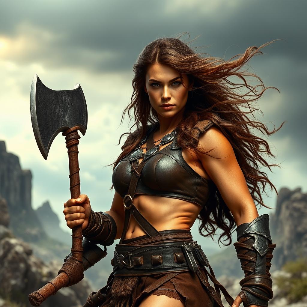 A strong barbarian woman with deep brown hair flowing freely, exuding power and determination