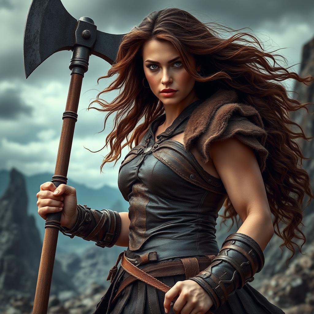 A strong barbarian woman with deep brown hair flowing freely, exuding power and determination