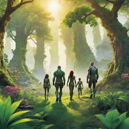 A high-definition, vivid environmental poster displaying a brighter, more lively, intensely green environment. The modern-styled guardians are seen from behind, smaller in comparison to the expansive, vibrant nature emphasized by radiant sunlight and abundant flora and fauna.