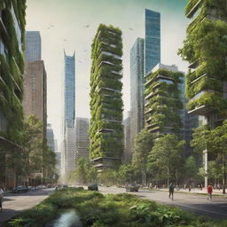 A high-definition, vivid environmental poster highlighting an intensely green, bright, modern era. Back-facing, modern-styled individuals act as guardians of nature. Balance the lush nature with a few sustainably designed buildings, subtly placed to represent today's environmentally conscious urban society.