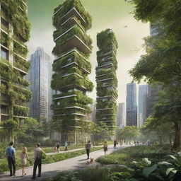 A high-definition, vivid environmental poster highlighting an intensely green, bright, modern era. Back-facing, modern-styled individuals act as guardians of nature. Balance the lush nature with a few sustainably designed buildings, subtly placed to represent today's environmentally conscious urban society.