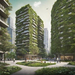 A high-definition, vivid environmental poster highlighting an intensely green, bright, modern era. Back-facing, modern-styled individuals act as guardians of nature. Balance the lush nature with a few sustainably designed buildings, subtly placed to represent today's environmentally conscious urban society.