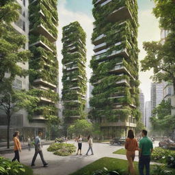 A high-definition, vivid environmental poster highlighting an intensely green, bright, modern era. Back-facing, modern-styled individuals act as guardians of nature. Balance the lush nature with a few sustainably designed buildings, subtly placed to represent today's environmentally conscious urban society.