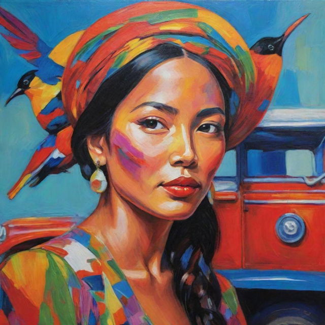 Using Fauvism's non-naturalistic vibrant colors, represent a bold Filipina woman adorned in traditional attire, embracing her heritage. She's amid abstracted symbols of her culture - the archipelago, a jeepney, and a Sunbird - all painted in wildly expressive and intense colors.