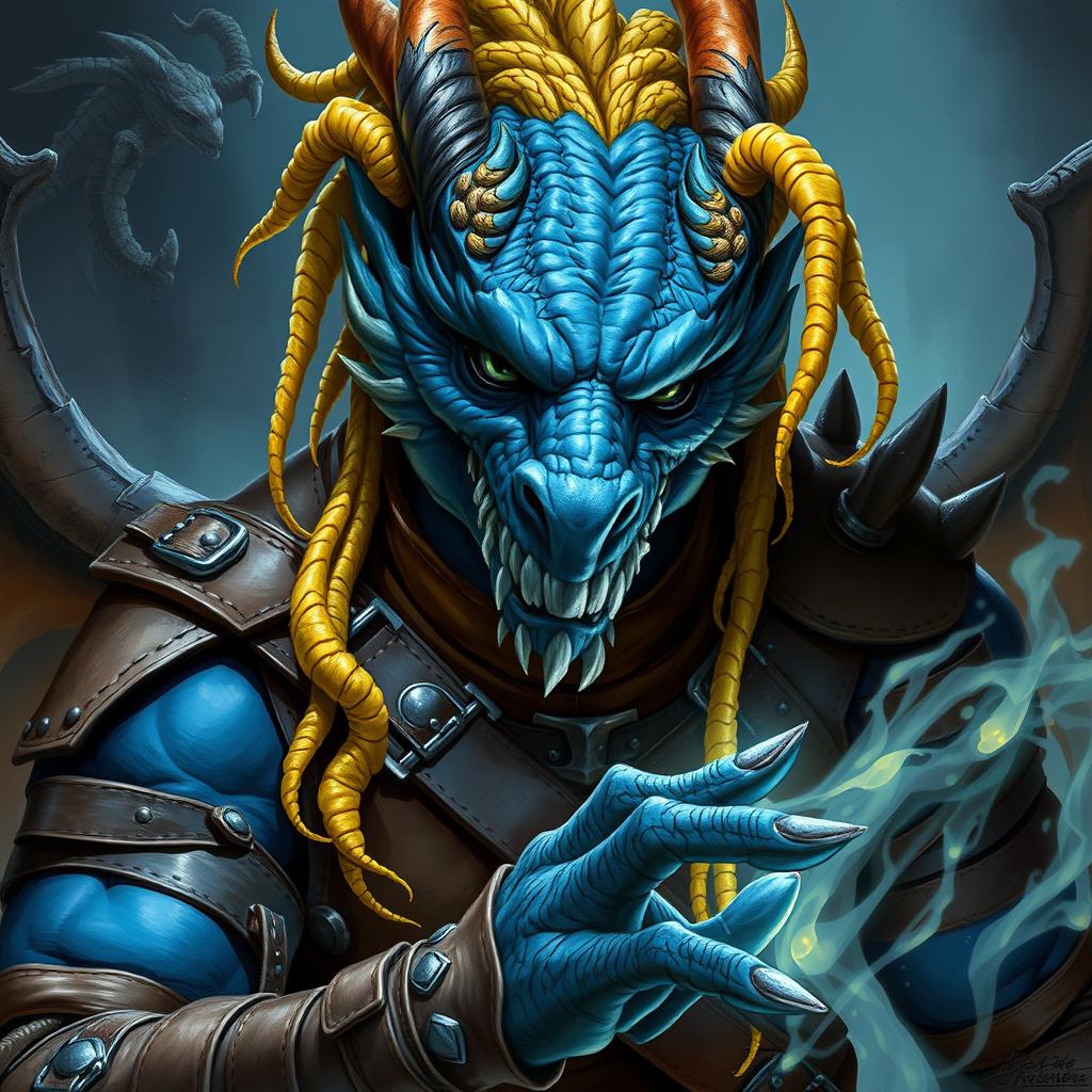 A dragonborn warlock depicted with a more refined and impressive dragon face, showcasing intricate features that reflect both power and mystique