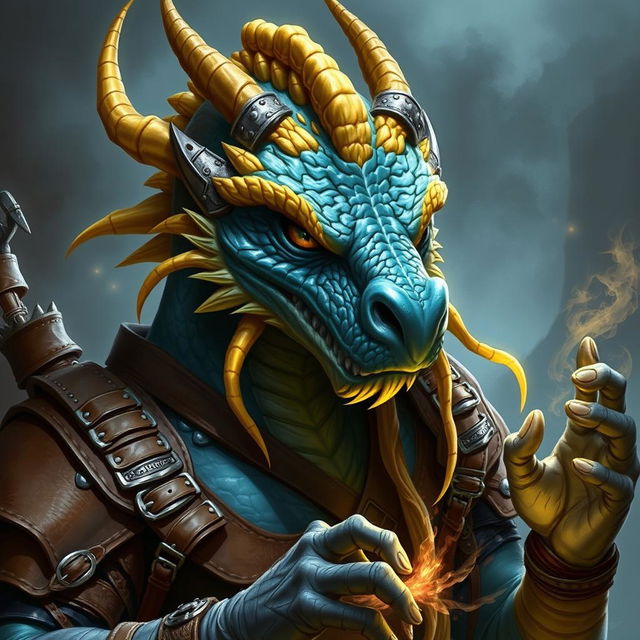 A dragonborn warlock depicted with a more refined and impressive dragon face, showcasing intricate features that reflect both power and mystique