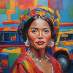 Using Fauvism's non-naturalistic vibrant colors, represent a bold Filipina woman adorned in traditional attire, embracing her heritage. She's amid abstracted symbols of her culture - the archipelago, a jeepney, and a Sunbird - all painted in wildly expressive and intense colors.