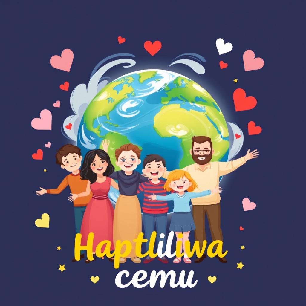 A vibrant and heartwarming poster titled "Счастливая семья" (Happy Family) featuring a joyful family composed of individuals from diverse backgrounds, standing together in front of a beautifully rendered globe of Earth