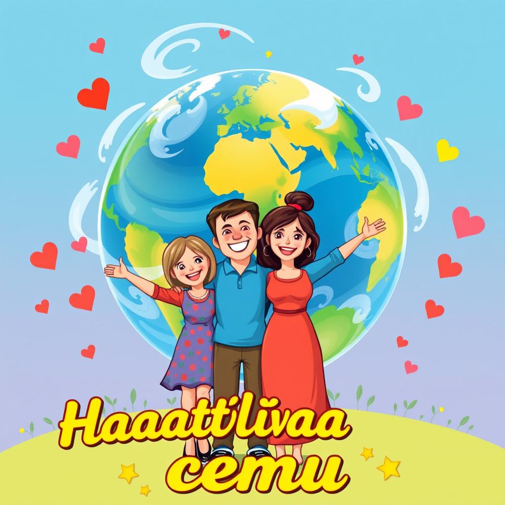 A vibrant and heartwarming poster titled "Счастливая семья" (Happy Family) featuring a joyful family composed of individuals from diverse backgrounds, standing together in front of a beautifully rendered globe of Earth