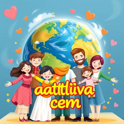 A vibrant and heartwarming poster titled "Счастливая семья" (Happy Family) featuring a joyful family composed of individuals from diverse backgrounds, standing together in front of a beautifully rendered globe of Earth