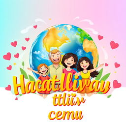 A vibrant and heartwarming poster titled "Счастливая семья" (Happy Family) featuring a joyful family composed of individuals from diverse backgrounds, standing together in front of a beautifully rendered globe of Earth