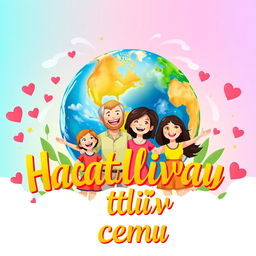 A vibrant and heartwarming poster titled "Счастливая семья" (Happy Family) featuring a joyful family composed of individuals from diverse backgrounds, standing together in front of a beautifully rendered globe of Earth