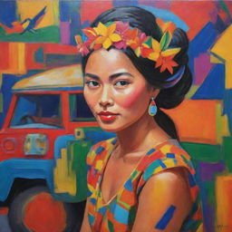 Using Fauvism's non-naturalistic vibrant colors, represent a bold Filipina woman adorned in traditional attire, embracing her heritage. She's amid abstracted symbols of her culture - the archipelago, a jeepney, and a Sunbird - all painted in wildly expressive and intense colors.