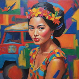 Using Fauvism's non-naturalistic vibrant colors, represent a bold Filipina woman adorned in traditional attire, embracing her heritage. She's amid abstracted symbols of her culture - the archipelago, a jeepney, and a Sunbird - all painted in wildly expressive and intense colors.