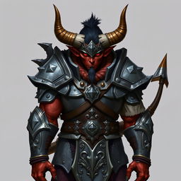 A tiefling paladin depicted with a robust and ornate gray metal-colored armor that exhibits both elegance and battle-worn details, emphasizing his warrior spirit