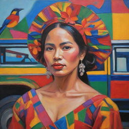 Using Fauvism's non-naturalistic vibrant colors, represent a bold Filipina woman adorned in traditional attire, embracing her heritage. She's amid abstracted symbols of her culture - the archipelago, a jeepney, and a Sunbird - all painted in wildly expressive and intense colors.