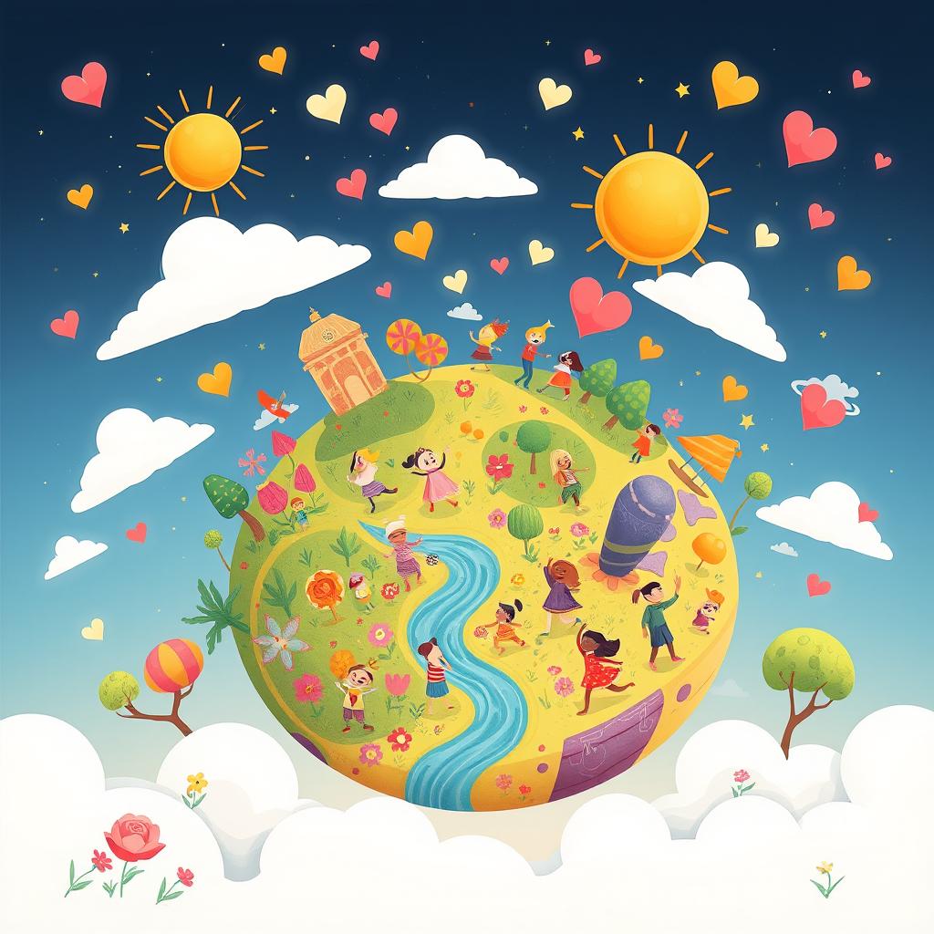 An enchanting and imaginative illustration titled "Planet of Happiness" depicting a vibrant, whimsical planet brimming with joy and positivity