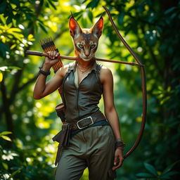 A beautiful Tabaxi female hunter in a lush, vibrant forest, showcasing her feline features, such as pointed ears, sharp feline eyes, and a sleek, agile body