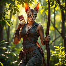 A beautiful Tabaxi female hunter in a lush, vibrant forest, showcasing her feline features, such as pointed ears, sharp feline eyes, and a sleek, agile body