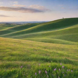 An idyllic landscape showcasing gently rolling hills blanketed with vivid green grass, expansive meadows dotted with colorful wildflowers, under a bright, clear sky.