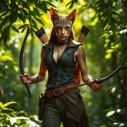 A beautiful Tabaxi female hunter in a lush, vibrant forest, showcasing her feline features, such as pointed ears, sharp feline eyes, and a sleek, agile body