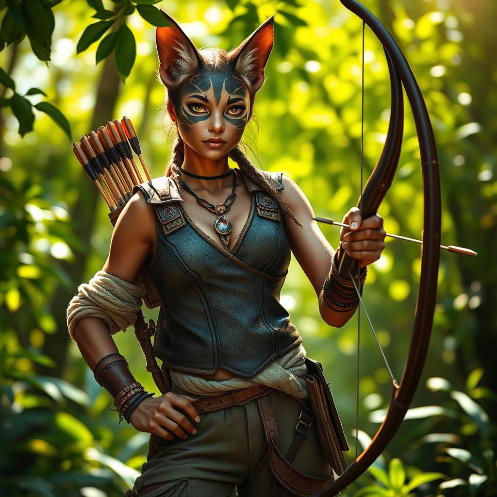 A beautiful Tabaxi female hunter in a lush, vibrant forest, showcasing her feline features, such as pointed ears, sharp feline eyes, and a sleek, agile body