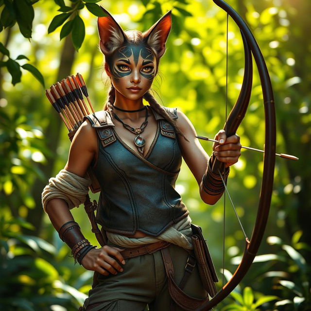 A beautiful Tabaxi female hunter in a lush, vibrant forest, showcasing her feline features, such as pointed ears, sharp feline eyes, and a sleek, agile body