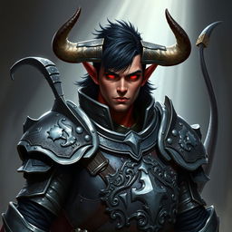 A middle-young tiefling paladin portrayed in ornate yet rugged gray metal-colored armor that signifies both elegance and battle readiness