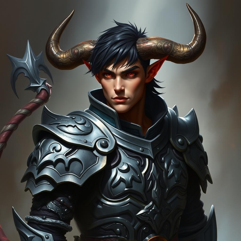 A middle-young tiefling paladin portrayed in ornate yet rugged gray metal-colored armor that signifies both elegance and battle readiness