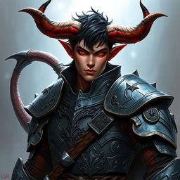 A middle-young tiefling paladin portrayed in ornate yet rugged gray metal-colored armor that signifies both elegance and battle readiness