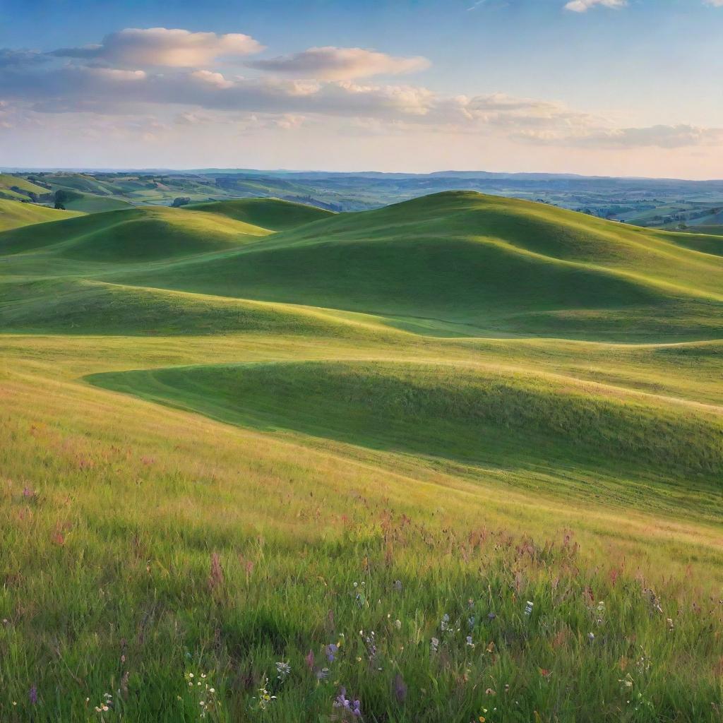 An idyllic landscape showcasing gently rolling hills blanketed with vivid green grass, expansive meadows dotted with colorful wildflowers, under a bright, clear sky.