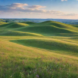 An idyllic landscape showcasing gently rolling hills blanketed with vivid green grass, expansive meadows dotted with colorful wildflowers, under a bright, clear sky.