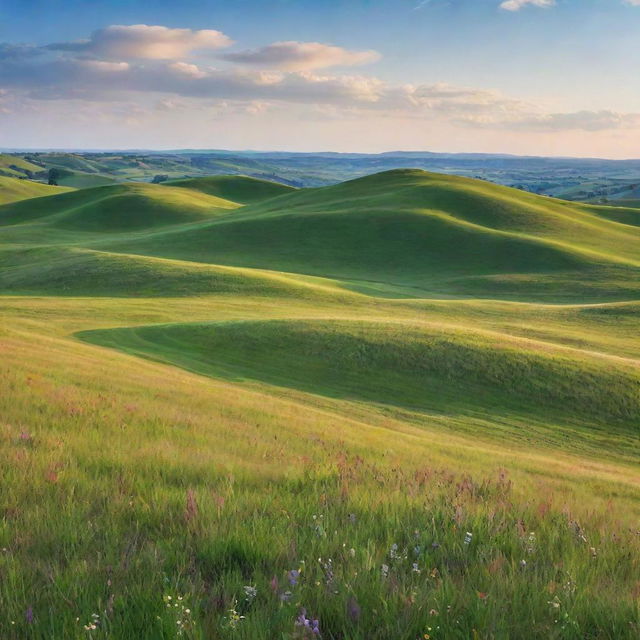 An idyllic landscape showcasing gently rolling hills blanketed with vivid green grass, expansive meadows dotted with colorful wildflowers, under a bright, clear sky.